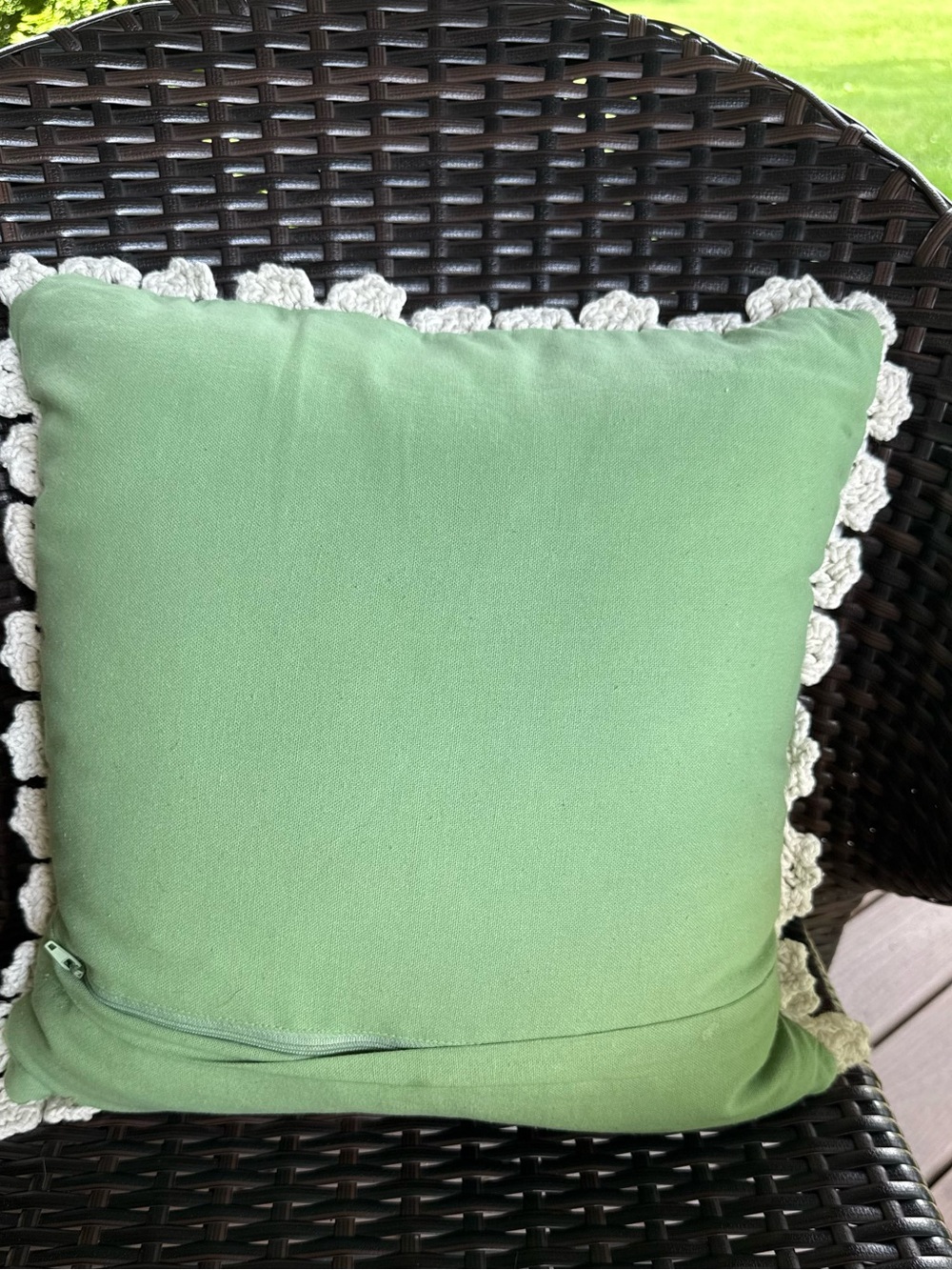 London Kaye Handmade Crocheted Peace Sign Pillow - Green on Cream - Picture 3 of 5
